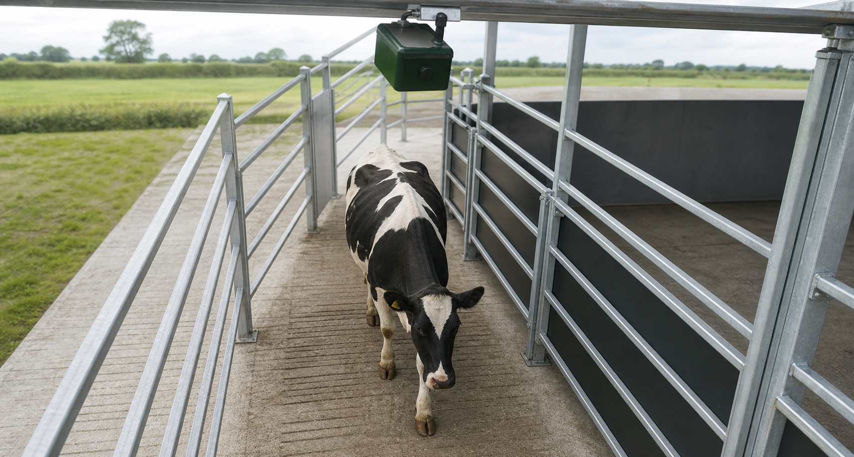 A HealthEye camera box mounted above a dairy raceway observing the dorsal view of a cow